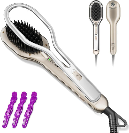 Hair Straightener Brush | Negative Ionic Straightening Comb with Dense Bristles,Styling Clamp, 4 Temps Setting, Anti-Scald & Auto-Off Feature, Fast Heat-Up Flat Iron Comb for Women